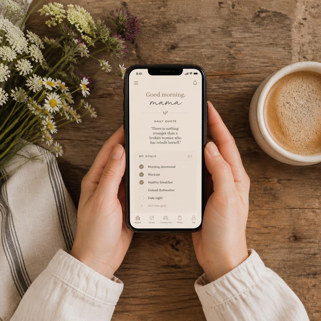 Couples Confluence app on a phone, resting on a rustic wooden table with wildflowers
